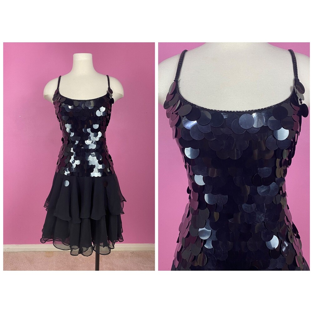 Size S | Vintage 90s 1990s CASADEI Black Paillette Sequin Mini Party Dress
